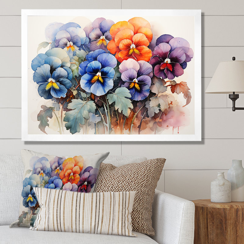 Vibrant coloré Pansy Medley sur impression sur toile, Cadre photo blanc, H 34 po x l 44 po x P 1,5 po