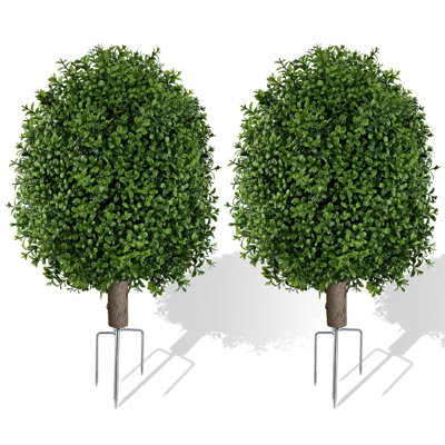 2 Pack Artificial Boxwood Topiary Ball Bush Suitable for Outdoor/Indoor, 28" Fake Evergreen Trees with Ground Spike Base, Low-Maintenance Faux Boxwood Shrubs for Garden, Patio, Porch, Yard Decor - Year-Round Plastic Plants for