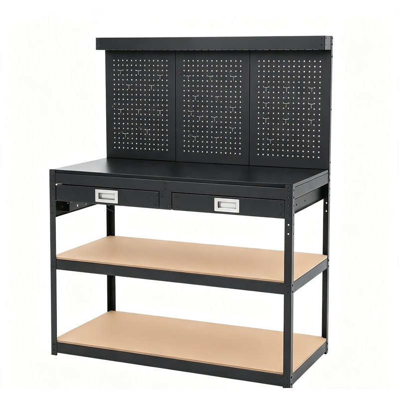 Établi 48 po - Banc de rangement pour outils en métal de qualité supérieure avec panneau perforé, 2 tiroirs, sous la tablette, prise de courant et accessoires de suspension, table de travail multifonctionnelle pour garage sous-sol