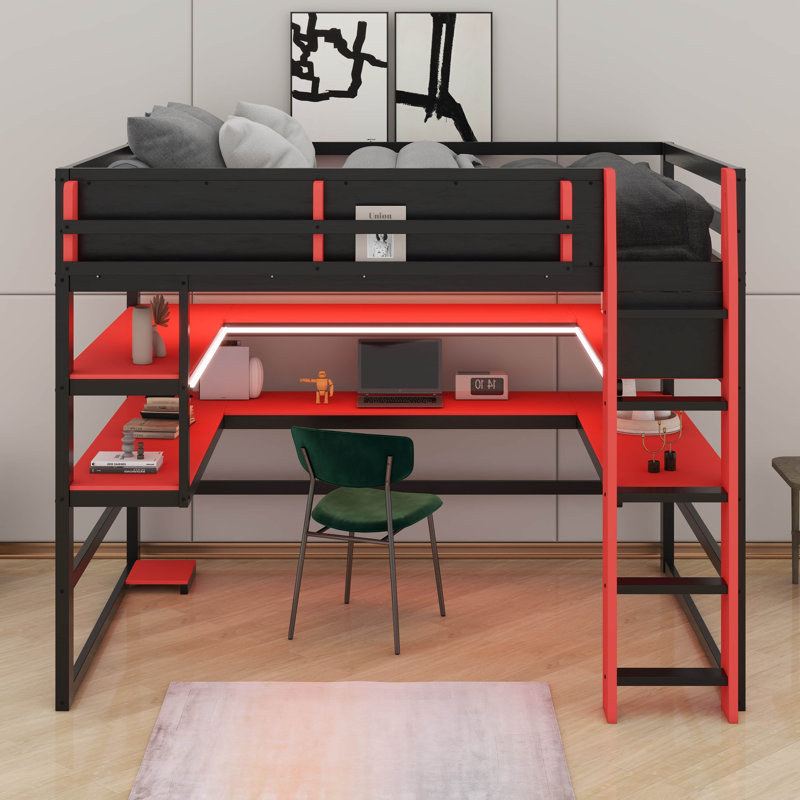 Wood Loft Bed With Desk, Side Storage Rack, Multi-Storage Shelves And RGB Light, Full, Red