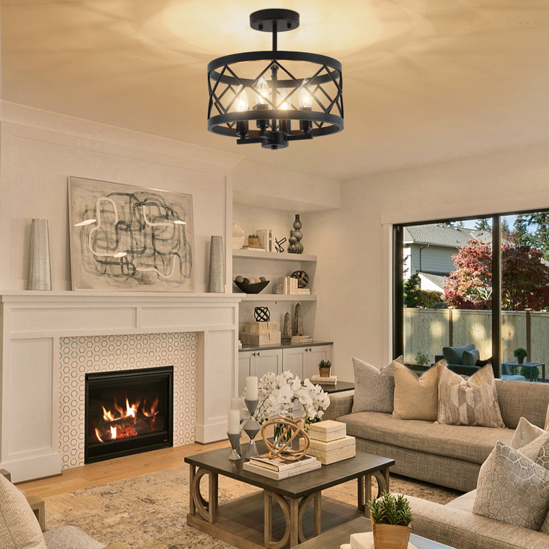 Modern 4-Light Dimmable Industrial Drum Semi Flush Mount Farmhouse Round Ceiling Fixture for Kitchen Island Living Room Hallway