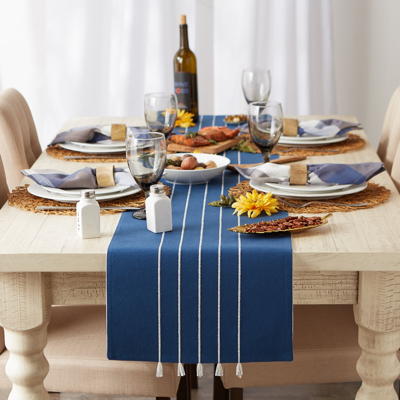 Chemin de table marine / blanc cassé à rayures 14 x 72, L 108 po x l 14 po, Bleu marine / blanc cassé