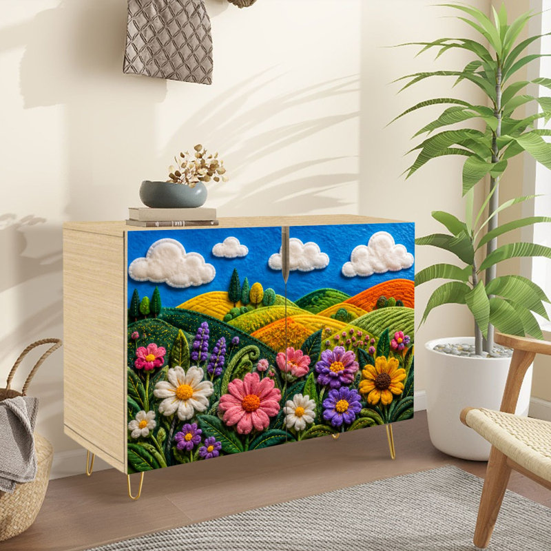 Buffet buffet avec rangement en feutre coloré à fleurs vibrantes avec 2 portes pour le salon et la cuisine