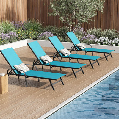 Set of 4 Outdoor Lounge Chairs with 5-Position Adjustable Backrest, PVC-coated polyester Fabric, Metal Frame for Patio, Garden, Poolside, Balcony