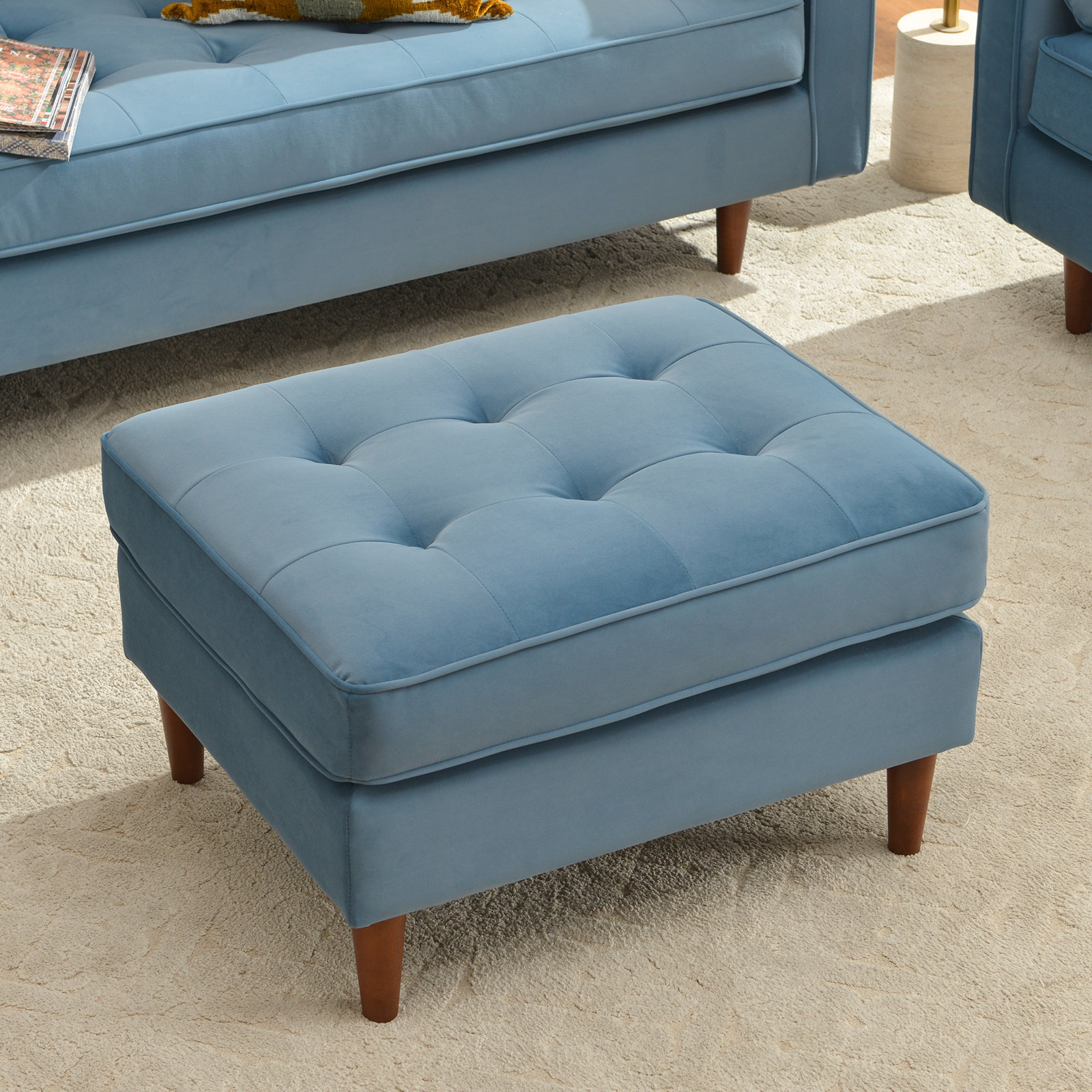Geo 30" Linen Upholstered Ottoman, Light Blue, Velvet