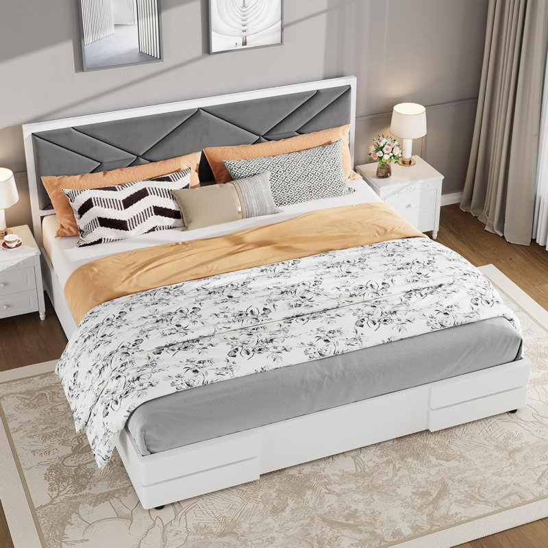 Structure de lit tapissier moderne blanc doux avec tête de lit sans boîte, Très grand lit