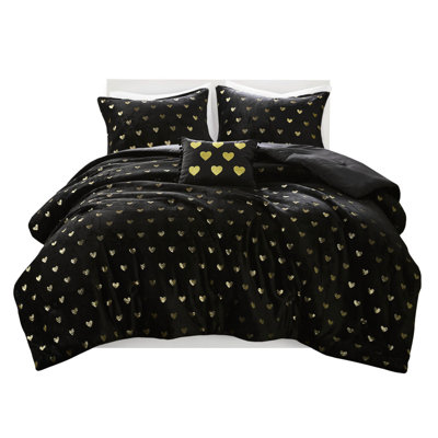 3 Pcs Black/Gold Microlight Comforter With Throw Pillow For Twin/Twin Xl, , Machine Washable, Microfiber Reverse Metallic Printed Reverse, -