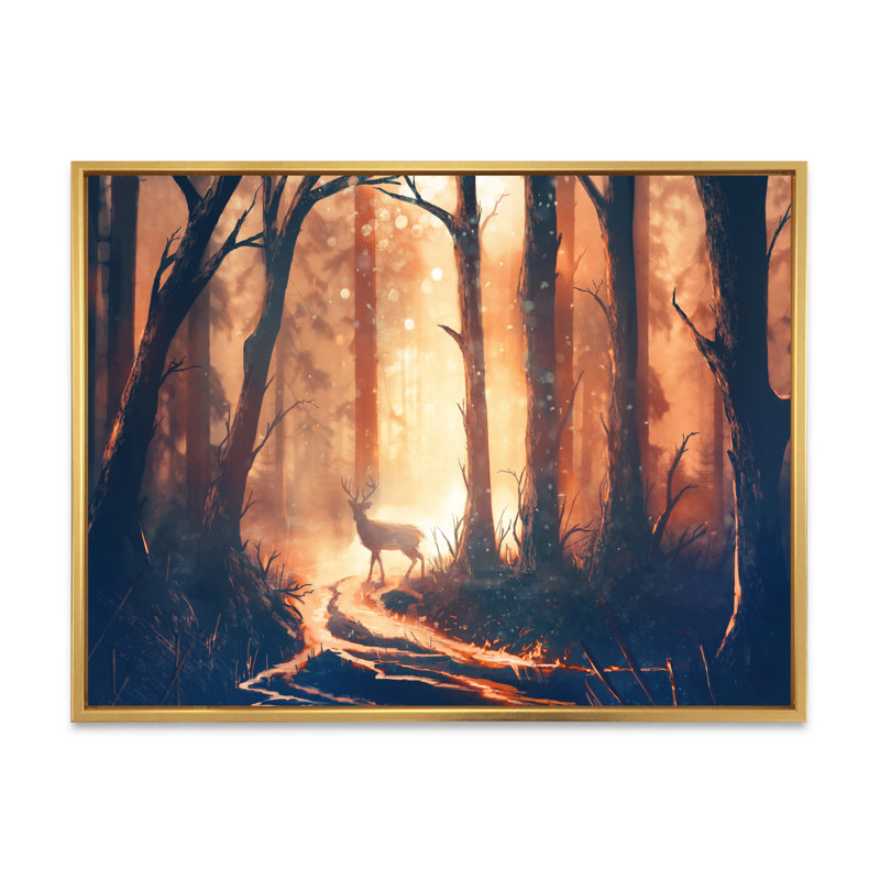 Cerf dans une forêt chaude surréelle - reproduction d'art sur toile traditionnelle, H 30 po x l 40 po x P 1,5 po