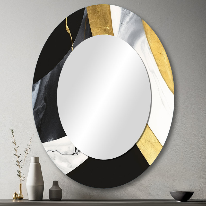 Black And Gold Harmony Of Marble IV - Abstract Oval Decorative Mirror On Metal, 43" x 33"
