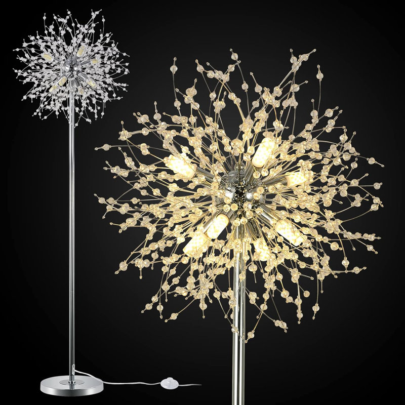 Crystal Floor Lamp - Modern Standing Lamp With 32 Firework Crystal Harnesses, 360° Adjustable Lighting, Sturdy Chrome Base, Easy Assembly