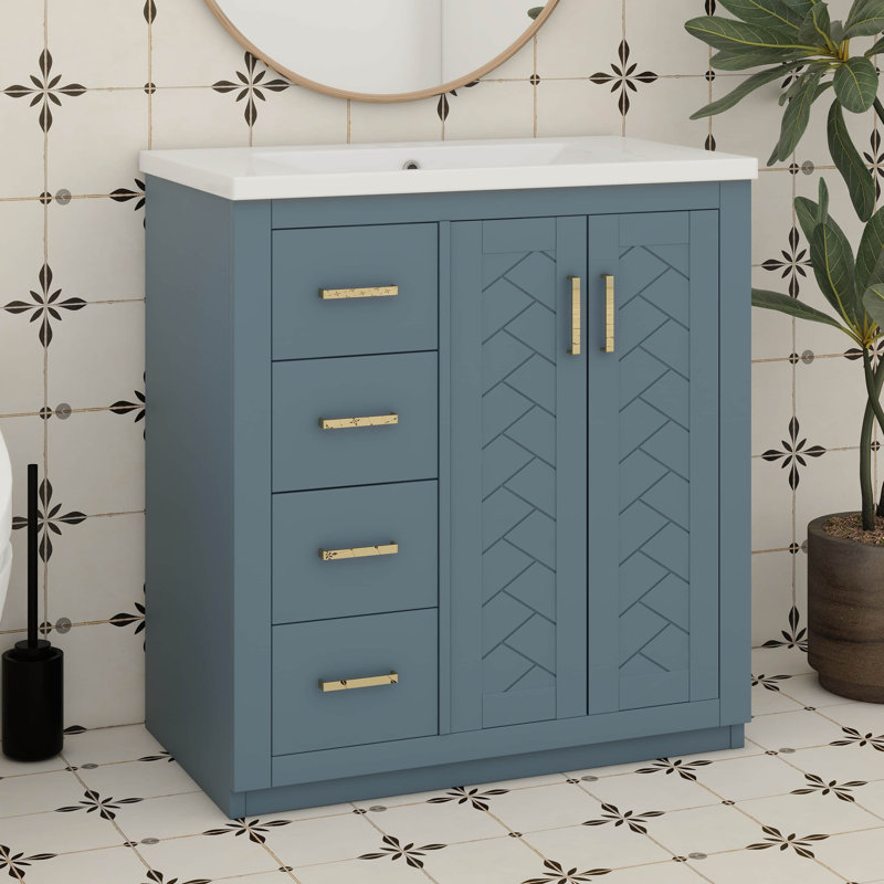 Meuble-lavabo de 30 po avec lavabo en céramique, 3 tiroirs et 2 portes, Bleu