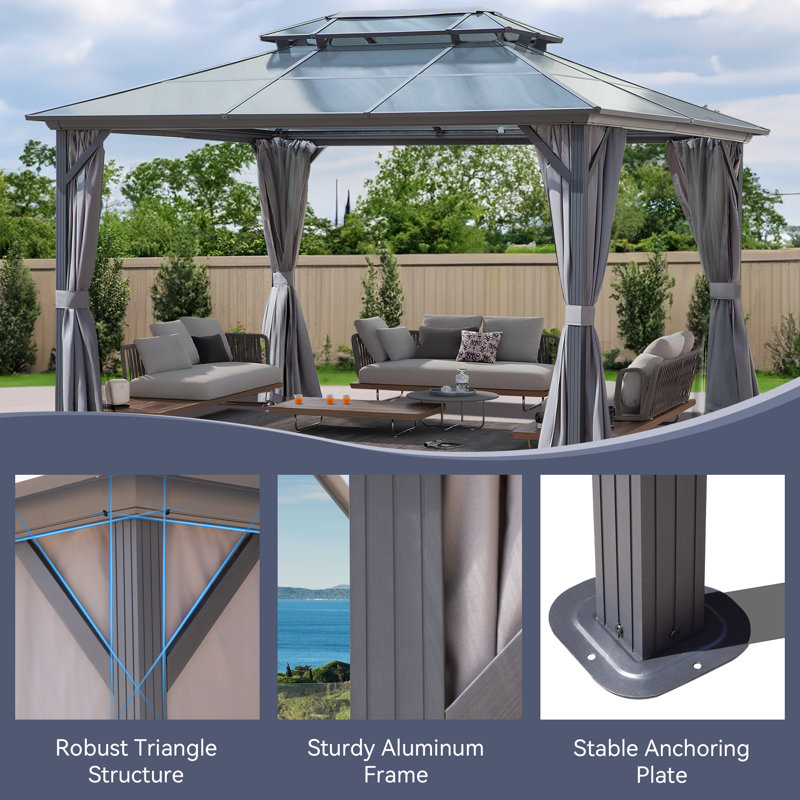 Gray 10x13ft Aluminum Hardtop Gazebo with Curtains and Netting