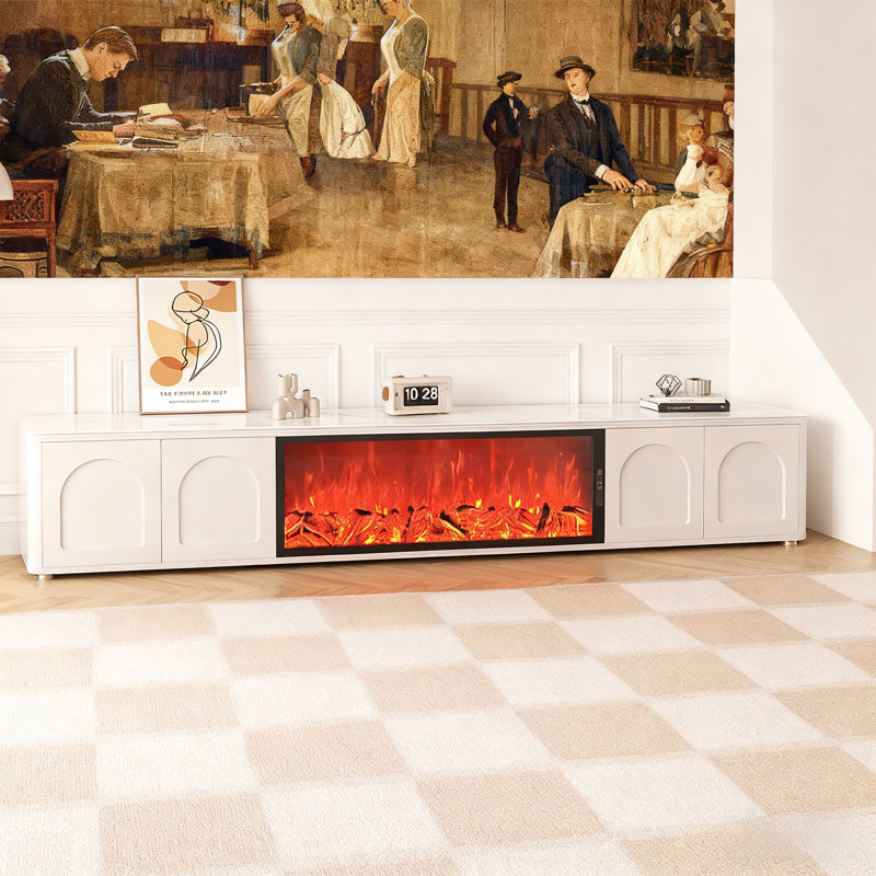 Meuble télé de foyer électrique blanc laqué ultrabrillant de style crème minimaliste avec flamme créative simulée 3D, armoire de rangement haut de gamme pour le salon
