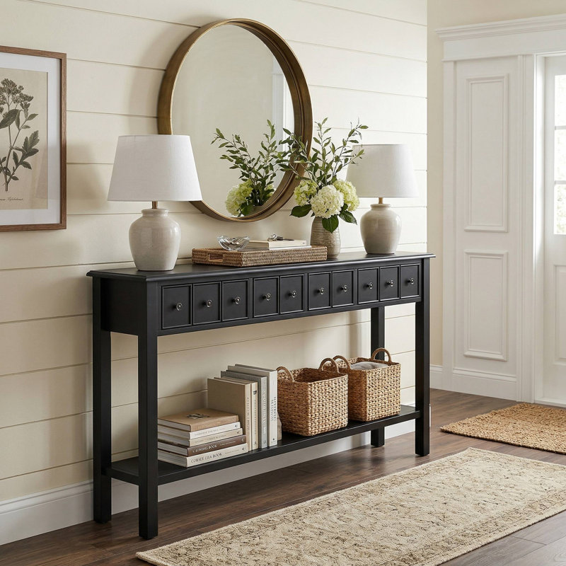 60 Inch Extra Long Console Sofa Table With 4 Storage Drawers And Open Display Shelf For Living Room Entryway Hallway Foyer