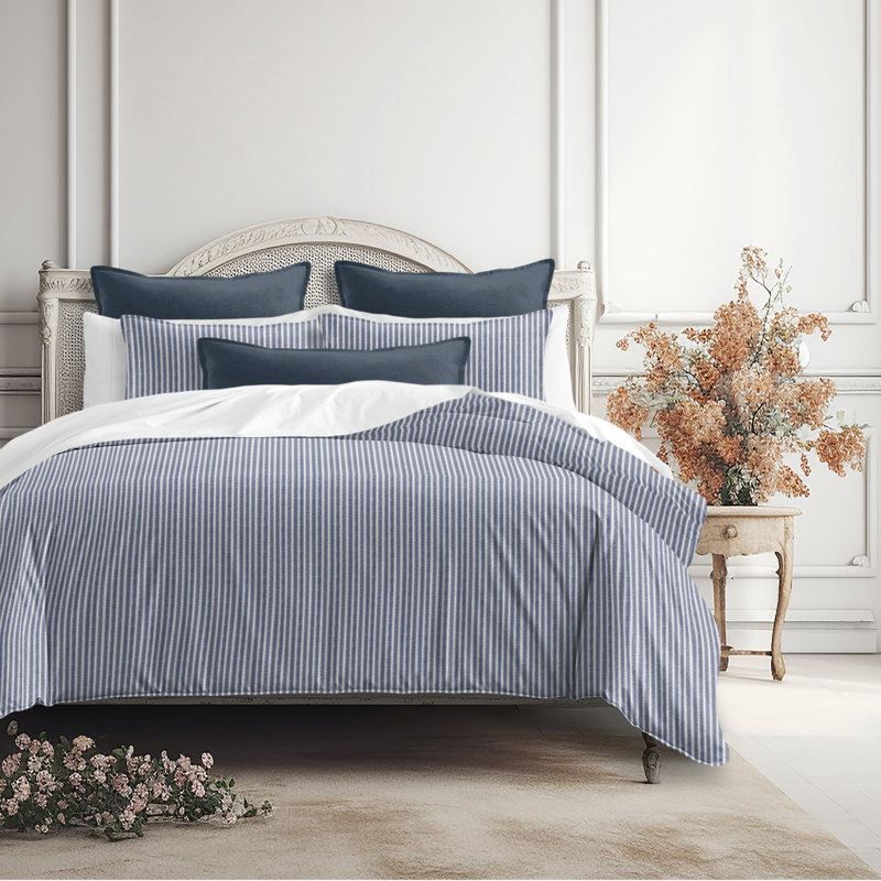 Walker Ticking Stripe Indigo/White Cotton Coverlet Set, California King Coverlet/Bedspread + 2 King Shams
