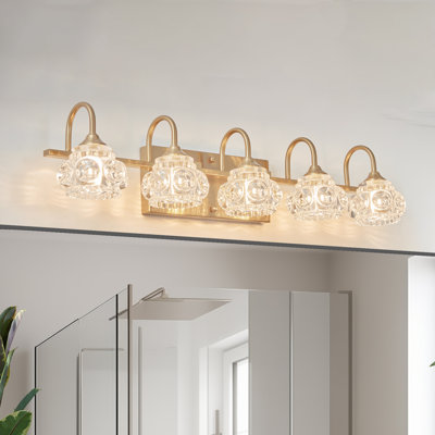 Éclairage pour meuble-lavabo à 5 lumières 29 po or et métal avec abat-jour en verre transparent 29 po (ampoules non incluses)