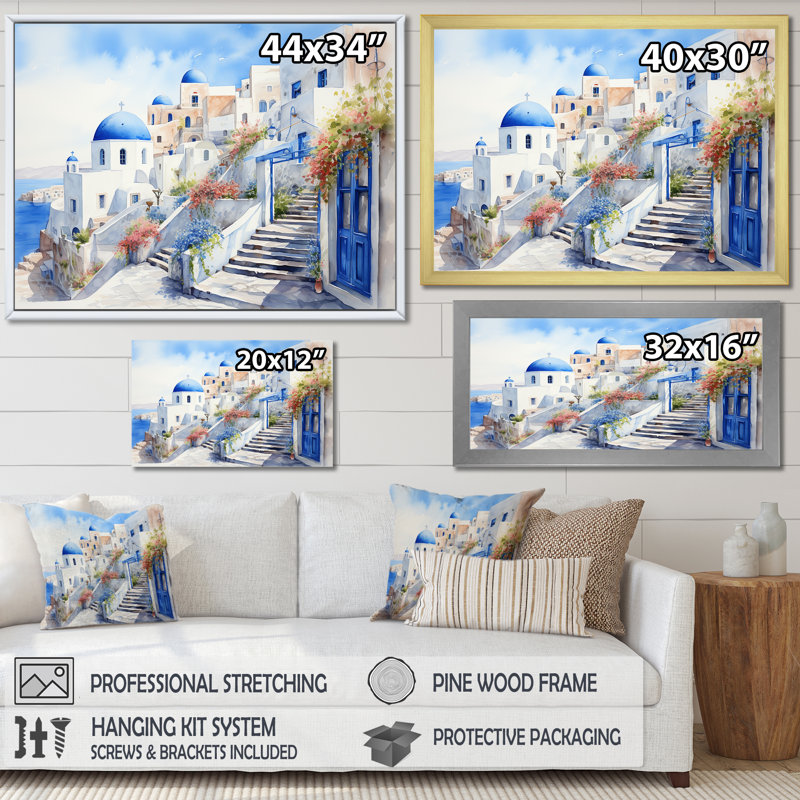 «Blue and White Santorini Village I», art mural Grèce, Cadre flottant brun, H 12 po x l 20 po x P 1 po