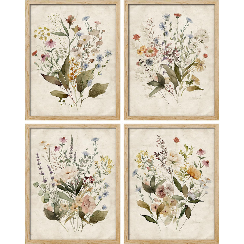 Reproduction d'art floral encadré de 4 fleurs rétro vintage, Naturel, H 16 po x l 12 po