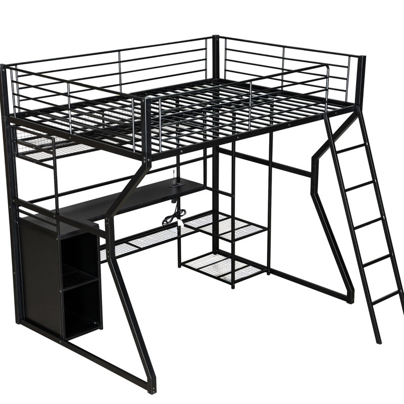 Lit mezzanine en métal pleine grandeur avec poste de travail intégré, garde-robe ouverte et conduit pour un bureau personnel fonctionnel