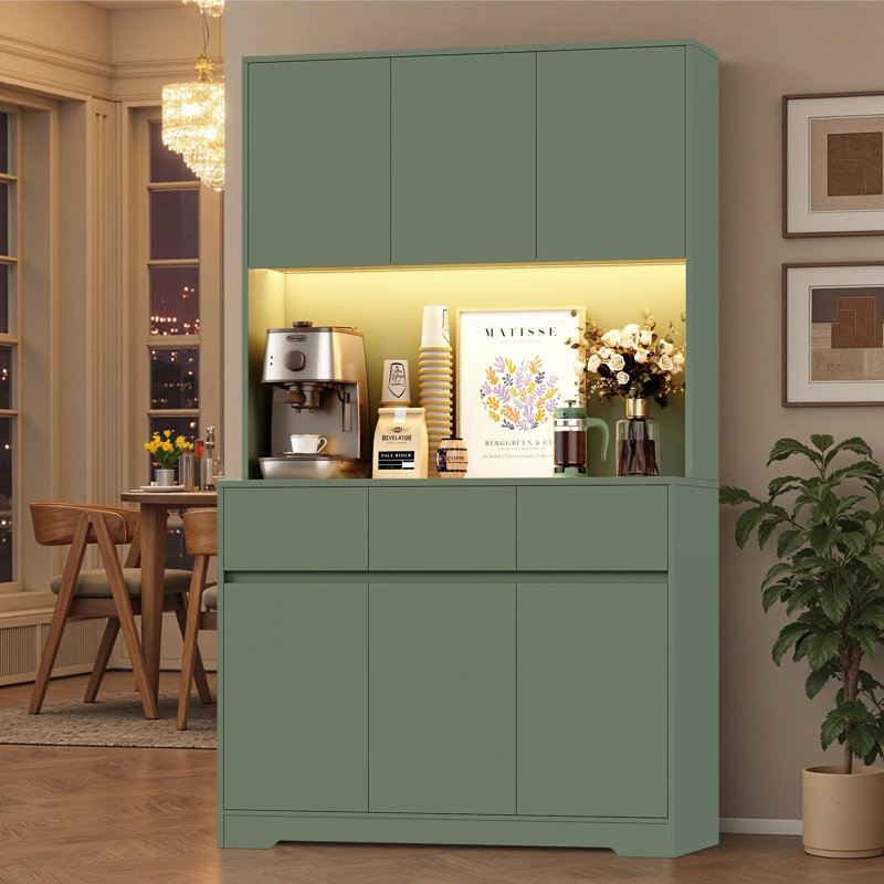 Garde-manger autoportant vert et bleu avec station de charge - tablettes réglables, lumière DEL, rangement à 3 tiroirs pour la cuisine