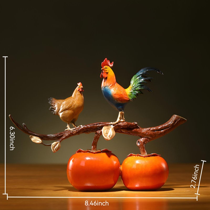 Statue de persimmon et de coq en cuivre fabriquée à la main - Art asiatique élégant
