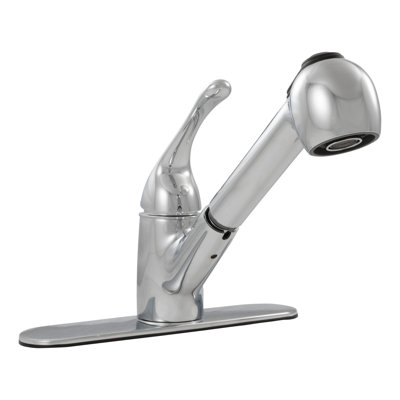 FlowCurve 8 in. Centerset 1-Handle Pull-Out Sprayer Kitchen Faucet with Deckplate in Polished Chrome