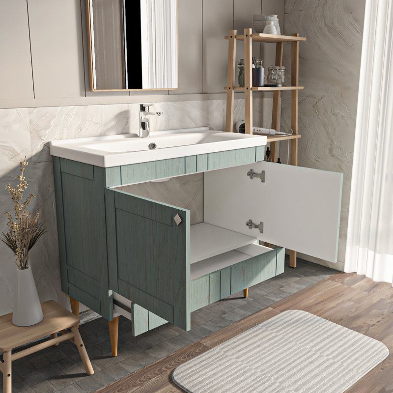 Meuble-lavabo avec lavabo en céramique Sara, Vert mer, 39"