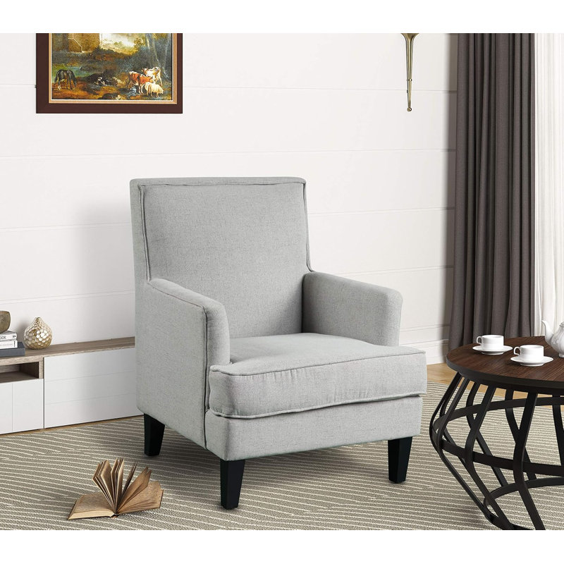 Fauteuil de salon rembourré transitionnel, chaise en lin gris clair avec garniture cloutée
