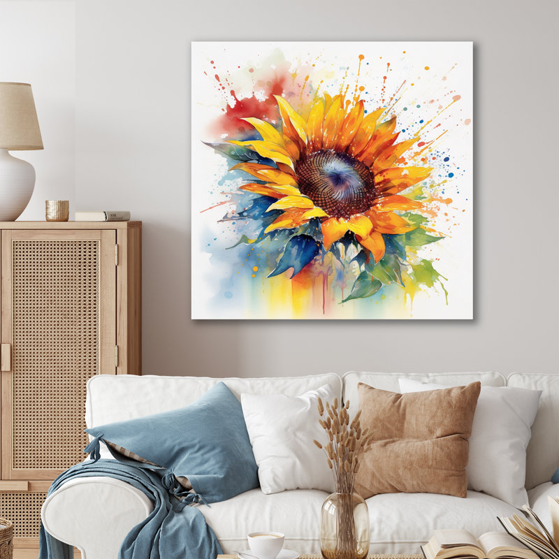 Jaune et bleu, tournesols dorés I - décoration murale florale, H 24 po x l 24 po x P 1 po, Toile tendue