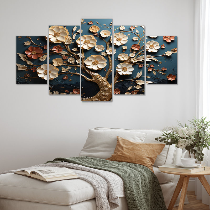 Orchidée blanche et bleue, arbre II - ensemble d'art mural multi-panneaux