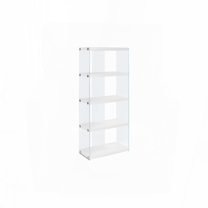 Bibliothèque, bibliothèque, étagère, 5 niveaux, h 60 po, bureau, chambre à coucher, stratifié blanc brillant, verre trempé transparent, contemporain, moderne
