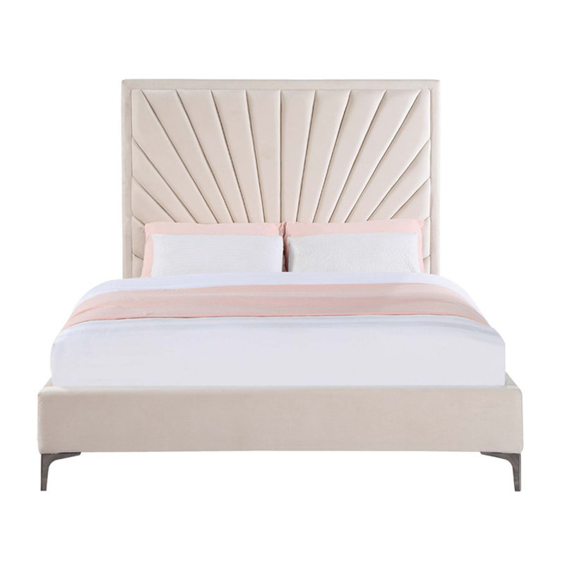 Modern Queen Platform Bed with Velvet Upholstery, Channel-Tufted Headboard