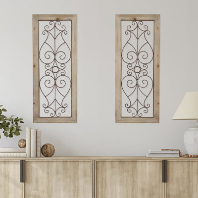 Metal and Wood Wall decor – Set of 2 Wrought Iron Scrollwork Panels with Rustic Wood Frames – Home, Office, or Bedroom Decorations