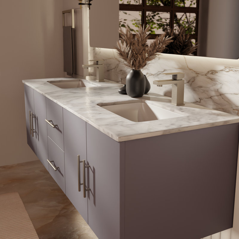 Ensemble de meuble-lavabo double mural 60 "Geneva, Gris foncé, Marbre de Carrare blanc