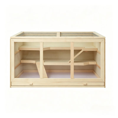 Multi-Level Small Animal Habitat Cage with Wooden and PVC Components for Hamsters and Gerbils