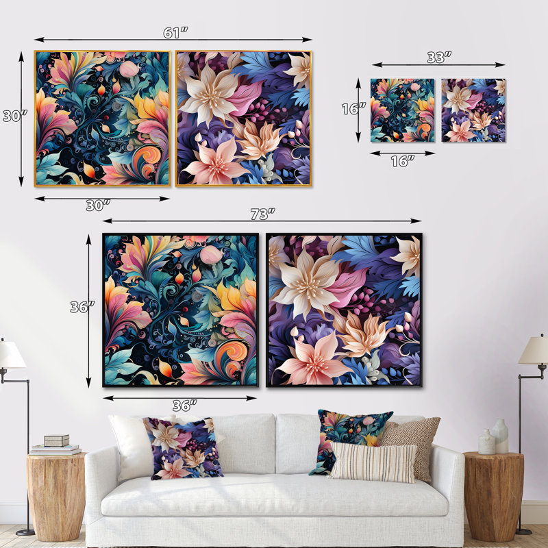 Diemer - Ensemble de 2 collages floraux et botaniques carrés, Cadre flottant noir, H 16 po x l 33 po