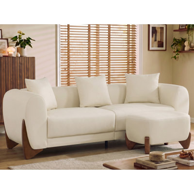 87" Upholstered Faux Leather Sofa With Ottoman - Modern Couch Set with Solid Wood Legs