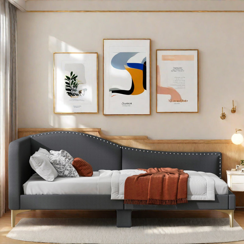 Upholstered Daybed With Headboard And Armrest, Gray, Twin