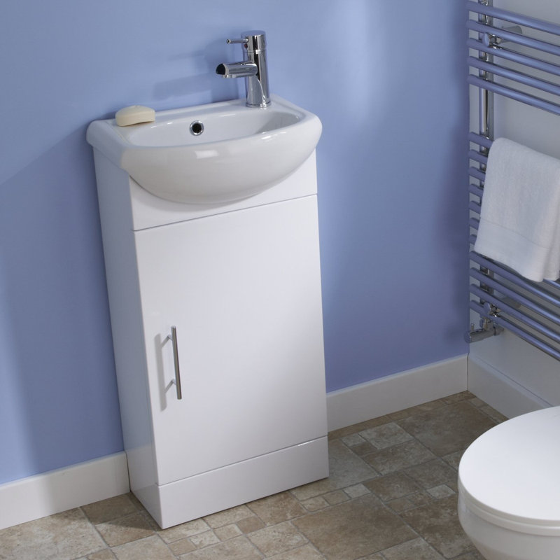 VeeBath Bathroom Cloakroom Furniture Compact 400mm White Gloss Vanity Unit Cabinet with Ceramic Basin FREE Tap and Waste