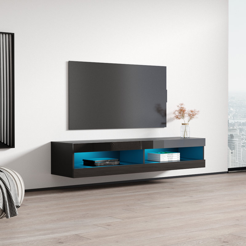 Fly 63" Modern Floating Wall Mounted TV Stand with LED Lighting, High Gloss Finish, Black