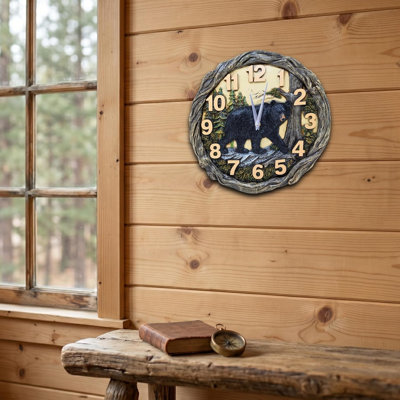 Resin Wall Clock Rustic Black Bear Forest Cabin Decor