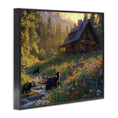 Bears at Floral Cabin Framed Giclee, design by Jim Baldwin