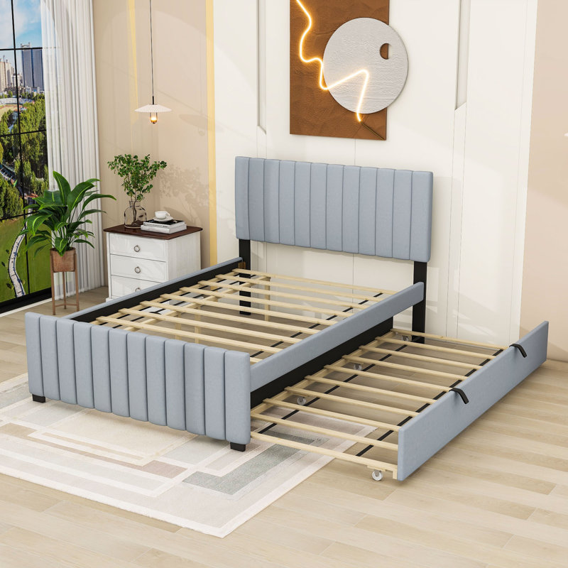 Full Upholstered Platform Bed with  Trundle, Gray
