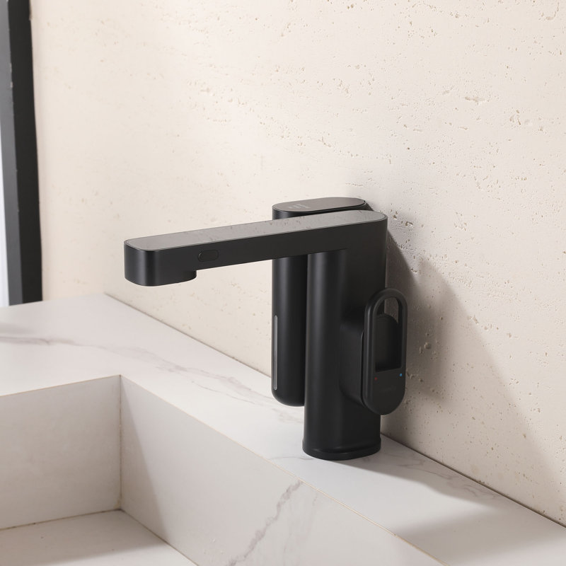 Robinet de salle de bain moderne sans contact avec distributeur de savon intégré, affichage numérique de la température
