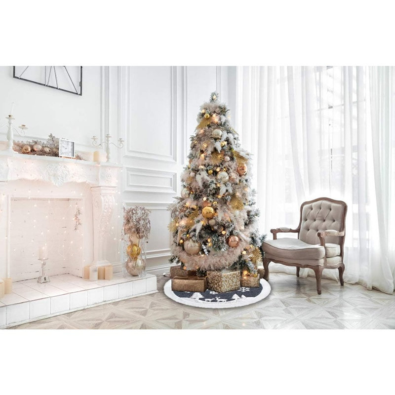 Jupe de sapin de Noël rustique en fausse fourrure blanche, motif flocons de neige et cerfs, décoration de sapin de Noël hivernale chaleureuse