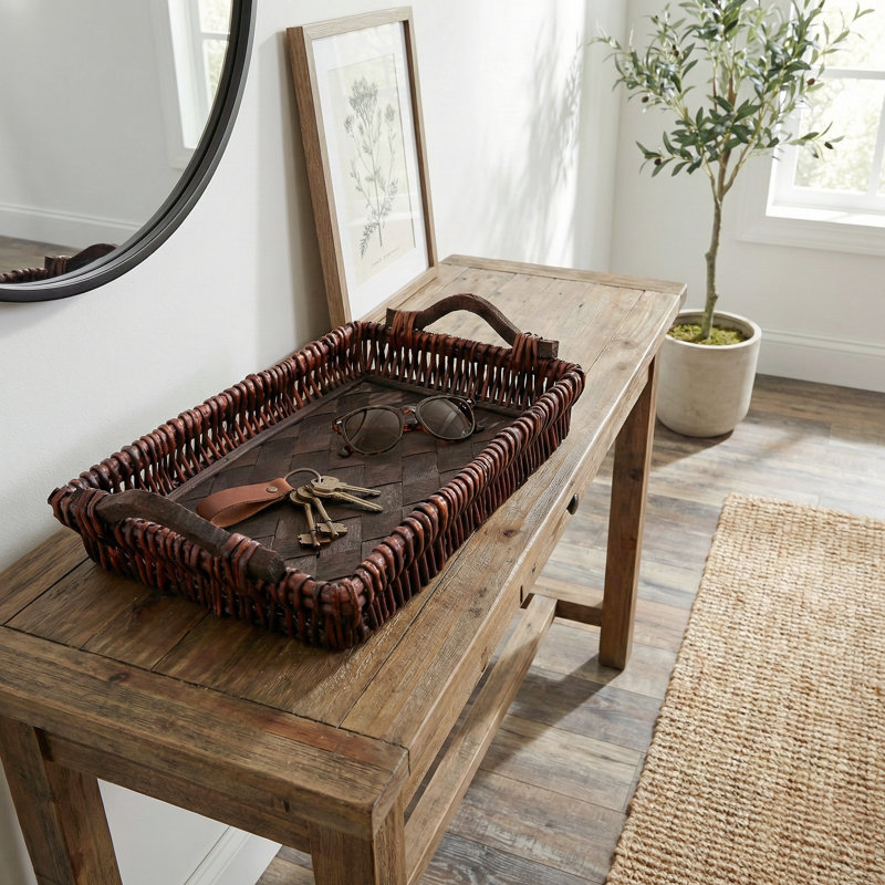 Handwoven Wicker Bathroom Vanity Tray – Farmhouse Countertop Organizer, Dark Brown