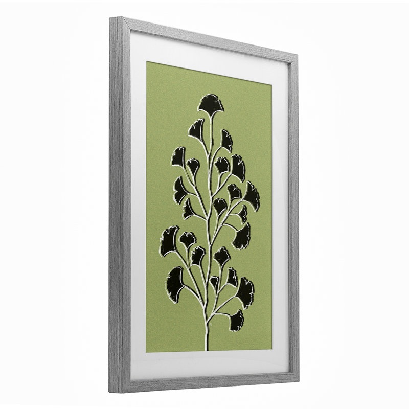 «Lime Gingko Sprig», reproduction encadrée sous verre, design par Martina Pavlova, H 20 po x l 14 po, Cadre de ferme gris