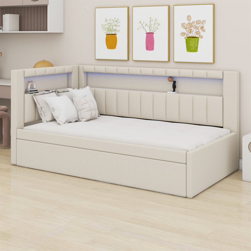 Lit plateforme tapissier avec ports USB et ceinture à DEL, avec lit gigogne, Blanc