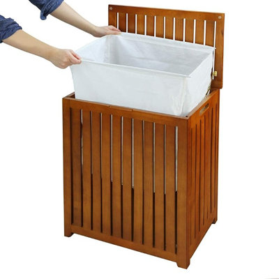 Solid Wood Laundry Hamper with Lid, Freestanding Clothes Basket with Storage Design, Brown