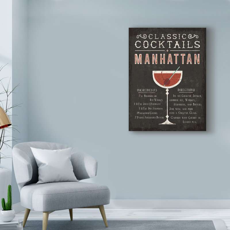 « classic cocktail manhattan », art textuel sur toile tendue, H 24 po x l 18 po x P 2 po